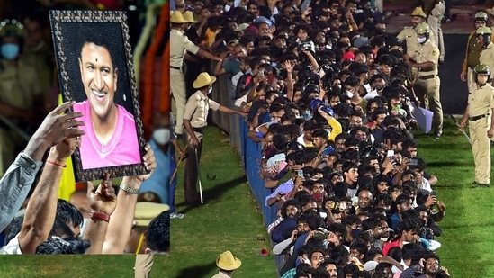 Fans queue up to pay their last respects to actor Puneeth Rajkumar at the Kanteerava Stadium, in Bengaluru, Friday. (PTI)