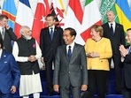 Prime Minister Narendra Modi and several world leaders assemble for a ‘family photo’ at Roma Convention Center at the G20 Summit in Rome on Saturday. (ANI ) Prime Minister Narendra Modi and several world leaders assemble for a ‘family photo’ at Roma Convention Center at the G20 Summit in Rome on Saturday. (ANI )