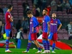 Barcelona players react after the La Liga soccer match between Barcelona and Alaves at the Camp Nou stadium in Barcelona, Spain Saturday, Oct. 30, 2021. The match ended 1-1. (AP Photo/Joan Monfort)(AP) Barcelona players react after the La Liga soccer match between Barcelona and Alaves at the Camp Nou stadium in Barcelona, Spain Saturday, Oct. 30, 2021. The match ended 1-1. (AP Photo/Joan Monfort)(AP)