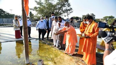 Uttar Pradesh chief minister Yogi Adityanath participating in a ritual in Ayodhya on Sunday. (SOURCED IMAGE ) Uttar Pradesh chief minister Yogi Adityanath participating in a ritual in Ayodhya on Sunday. (SOURCED IMAGE )