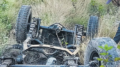 Wreckage of the vehicle that fell into a deep gorge at Baiyla village, Chakrata, in Dehradun district on Sunday. (PTI) Wreckage of the vehicle that fell into a deep gorge at Baiyla village, Chakrata, in Dehradun district on Sunday. (PTI)