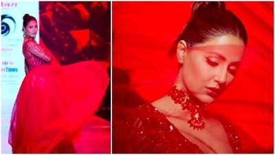 Hina Khan paints the town red as she walks the ramp for fashion designer Saisha Shinde. (Instagram/realhinakhan) Hina Khan paints the town red as she walks the ramp for fashion designer Saisha Shinde. (Instagram/realhinakhan)