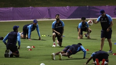 India’s captain Virat Kohli with teammates during a practice session. (ANI ) India’s captain Virat Kohli with teammates during a practice session. (ANI )