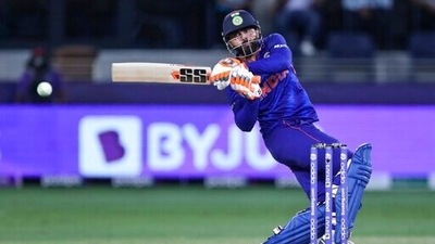 India's Ravindra Jadeja hits a boundary during the Cricket Twenty20 World Cup match between New Zealand and India in Dubai, UAE, Sunday, Oct. 31, 2021. (AP Photo/Aijaz Rahi) (AP) India's Ravindra Jadeja hits a boundary during the Cricket Twenty20 World Cup match between New Zealand and India in Dubai, UAE, Sunday, Oct. 31, 2021. (AP Photo/Aijaz Rahi) (AP)