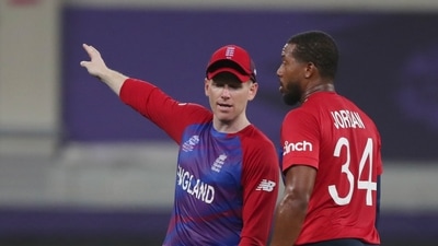 England's captain Eoin Morgan, left, talks to Chris Jordan during the Cricket Twenty20 World Cup match between Australia and England in Dubai, UAE, Saturday, Oct. 30, 2021. (AP) England's captain Eoin Morgan, left, talks to Chris Jordan during the Cricket Twenty20 World Cup match between Australia and England in Dubai, UAE, Saturday, Oct. 30, 2021. (AP)