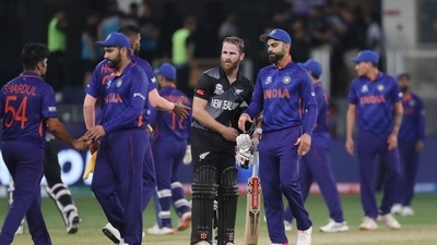 New Zealand's captain Kane Williamson, center, greets Indian player after his team won the game during the Cricket Twenty20 World Cup match in Dubai, UAE, Sunday, Oct. 31, 2021. (AP Photo/Aijaz Rahi) (AP) New Zealand's captain Kane Williamson, center, greets Indian player after his team won the game during the Cricket Twenty20 World Cup match in Dubai, UAE, Sunday, Oct. 31, 2021. (AP Photo/Aijaz Rahi) (AP)