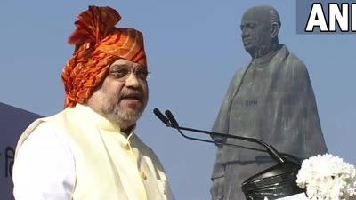 Union home minister Amit Shah speaks at Kevadia on Sunday. (ANI Twitter) Union home minister Amit Shah speaks at Kevadia on Sunday. (ANI Twitter)