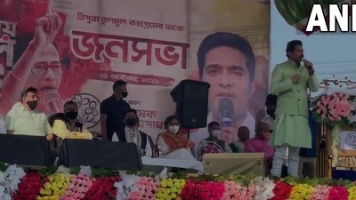 BJP leader Rajib Banerjee joins TMC at party's general secretary Abhishek Banerjee's public meeting in Tripura. (ANI Twitter) BJP leader Rajib Banerjee joins TMC at party's general secretary Abhishek Banerjee's public meeting in Tripura. (ANI Twitter)