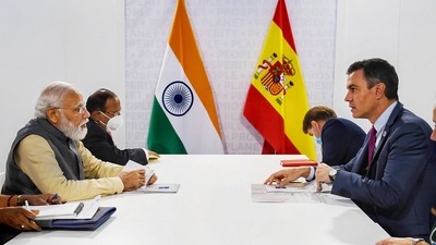 Prime Minister Narendra Modi with Spainish Prime Minister Pedro Sanchez, in Rome on Sunday.&nbsp; (PTI via PMO/Twitter)