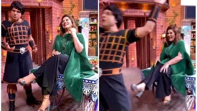 Archana Puran Singh and Krushna Abhishek on the sets of The Kapil Sharma Show. Archana Puran Singh and Krushna Abhishek on the sets of The Kapil Sharma Show.