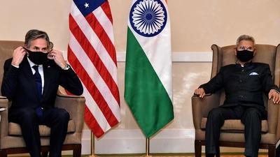 US secretary of state Antony Blinken (left) and India’s foreign minister S Jaishankar meet on the sidelines of the G20 Summit in Rome on Saturday. They discussed a “gamut of issues”including expanding global access to Covid-19 vaccines, elevating climate ambition at COP26. (AFP)