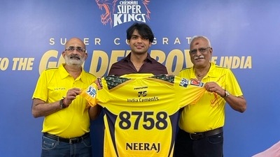CSK felicitates Neeraj Chopra, presents him  ₹1 crore (TWITTER/CSK)