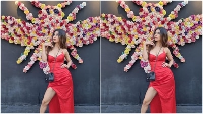 A risqué thigh-high slit on the side elevated the oomph factor of Mouni's attire. She ditched all accessories with her ensemble, a classic signature rule she follows for all her looks. This allowed her dress to be the centre of attention. (Instagram/@imouniroy) A risqué thigh-high slit on the side elevated the oomph factor of Mouni's attire. She ditched all accessories with her ensemble, a classic signature rule she follows for all her looks. This allowed her dress to be the centre of attention. (Instagram/@imouniroy)