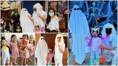 Soha Ali Khan covered herself with a white cloth and disguised as a ghost. Kunal, on the other hand, wore an all-white outfit and added the red shades and a white wig for the pop look. (Instagram/@sakpataudi) Soha Ali Khan covered herself with a white cloth and disguised as a ghost. Kunal, on the other hand, wore an all-white outfit and added the red shades and a white wig for the pop look. (Instagram/@sakpataudi)