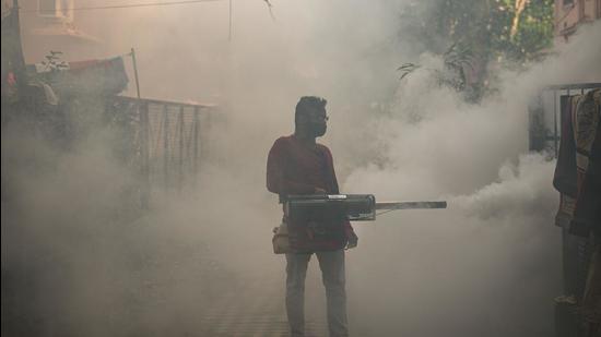 A New Delhi Municipal Council worker fumigates an area near Lodhi Colony in New Delhi on October 28. (HT Archive)
