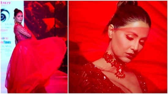 Hina Khan paints the town red as she walks the ramp for fashion designer Saisha Shinde.(Instagram/realhinakhan)