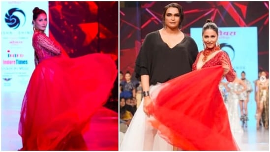 Hina Khan walked the runway in a gorgeous red embellished ensemble for designer Saisha Shinde.(Instagram/@realhinakhan)