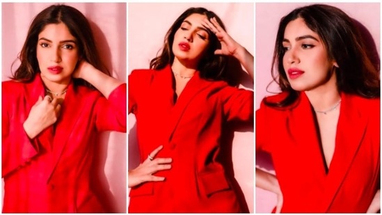 Bhumi Pednekar confessed her love for the shade red by sharing a few stills of herself in a stunning bright red blazer on her Instagram handle.(Instagram/@bhumipednekar)