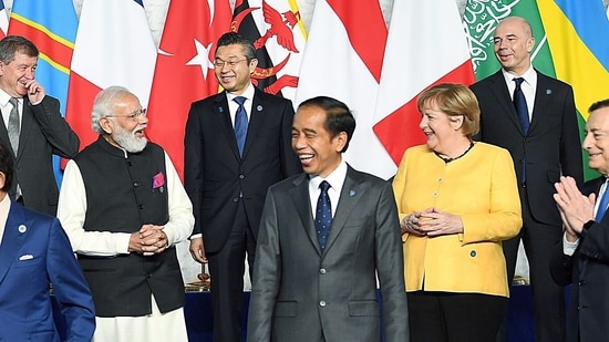 Prime Minister Narendra Modi and several world leaders assemble for a ‘family photo’ at Roma Convention Center at the G20 Summit in Rome on Saturday.&nbsp;(ANI )