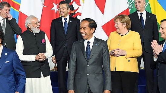 Prime Minister Narendra Modi with several world leaders assemble for 'family photo' at RomE Convention Center, at G20 Summit, in Rome.(ANI )