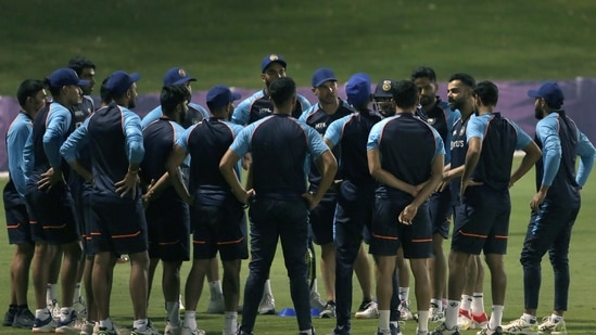 India’s captain Virat Kohli with teammates during a practice session ahead of the ICC Men's Twenty20 World Cup 2021 cricket match between India and New Zealand, at Dubai International Cricket Stadium, in Dubai on Saturday.&nbsp;(ANI )