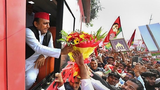 Samajwadi Party President Akhilesh Yadav during 'Vijay Rath Yatra' in Hardoi, Sunday. (PTI Photo)