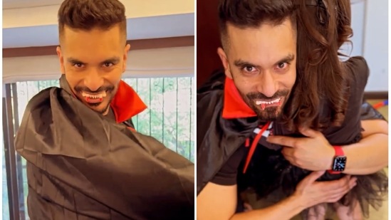 Angad Bedi opted for a vampire costume for Halloween this year.