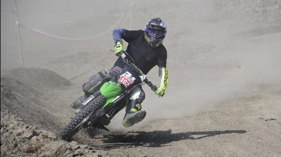 Bikers in action on the Punjab’s first dirt track in Ludhiana on Sunday. (Harsimar Pal Singh/HT)