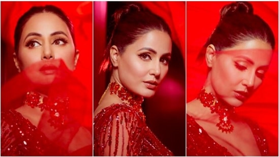 Hina Khan looked like a dream as she walked the ramp in a bright red embellished gown by celebrity fashion designer Saisha Shinde.(Instagram/@realhinakhan)