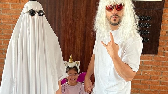 Soha Ali Khan and Kunal Kemmu turned ghosts for a Halloween party, while their daughter Inaaya was dressed up as a unicorn.