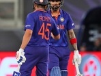 India's KL Rahul, right, celebrates with Rohit Sharma after hitting a boundary during the Cricket Twenty20 World Cup match between New Zealand and India in Dubai, UAE, Sunday.(AP) India's KL Rahul, right, celebrates with Rohit Sharma after hitting a boundary during the Cricket Twenty20 World Cup match between New Zealand and India in Dubai, UAE, Sunday.(AP)