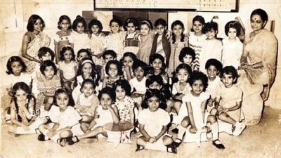 Aishwarya looks cute as a button in this picture from her LKG days. She is seen standing at the centre in a grey dress. Aishwarya looks cute as a button in this picture from her LKG days. She is seen standing at the centre in a grey dress. 