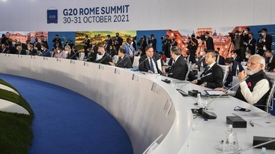 Prime Minister Narendra Modi participates in the G20 summit, in Rome on Sunday. (PTI) Prime Minister Narendra Modi participates in the G20 summit, in Rome on Sunday. (PTI)