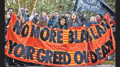 A Fridays for Future protest at Festival Park during the COP26 climate talks in Glasgow on Monday. (Bloomberg) A Fridays for Future protest at Festival Park during the COP26 climate talks in Glasgow on Monday. (Bloomberg)