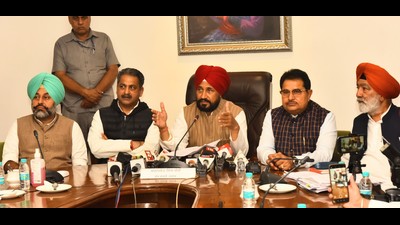 Punjab chief minister Charanjit Singh Channi and his cabinet colleagues during a press conference in Chandigarh. Punjab chief minister Charanjit Singh Channi and his cabinet colleagues during a press conference in Chandigarh.