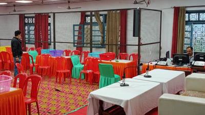 The counting centre set up in Mandi parliamentary constituency on Monday. In view of the Covid-19 pandemic, there will be a ban on taking out victory processions by winning candidates or their supporters after the declaration of the results of the Himachal bypolls on November 2, election officials said. (Birbal Sharma/HT)
