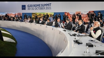 Prime Minister Narendra Modi participates in the G20 Summit Session on Global Economy and Global Health, Rome, October 30, 2021 (PTI)