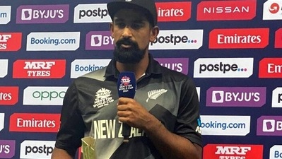 Dubai, Oct 31 (ANI): New Zealand's Ish Sodhi named Player of the Match during the ICC Men's T20 World Cup match between India and New Zealand at Dubai International Stadium in Dubai on Sunday. (ANI Photo) (ANI) Dubai, Oct 31 (ANI): New Zealand's Ish Sodhi named Player of the Match during the ICC Men's T20 World Cup match between India and New Zealand at Dubai International Stadium in Dubai on Sunday. (ANI Photo) (ANI)