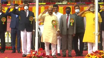 CM Basavaraj Bommai at Karnataka Day 2021 celebrations, at the Kanteerava Stadium in Bengaluru (ANI)