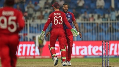 England's Chris Jordan, right, celebrates the dismissal of Sri Lanka's Avishka Fernando during the Cricket Twenty20 World Cup match between England and Sri Lanka in Sharjah, UAE, Monday, Nov. 1, 2021. (AP) England's Chris Jordan, right, celebrates the dismissal of Sri Lanka's Avishka Fernando during the Cricket Twenty20 World Cup match between England and Sri Lanka in Sharjah, UAE, Monday, Nov. 1, 2021. (AP)