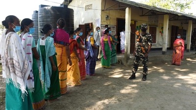 Voters stand in a queue to cast their votes during the bypolls at a polling booth, in Assam's Baksa on Saturday. (ANI Photo) Voters stand in a queue to cast their votes during the bypolls at a polling booth, in Assam's Baksa on Saturday. (ANI Photo)