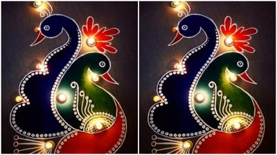 Rangolis look even better at night, with the diyas lined up around it. Here’s a beautiful rangoli idea with colours and in the shape of a peacock to deck up your home. (https://in.pinterest.com/) Rangolis look even better at night, with the diyas lined up around it. Here’s a beautiful rangoli idea with colours and in the shape of a peacock to deck up your home. (https://in.pinterest.com/)