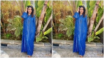For the photoshoot, Raveena picked a traditional ensemble from the designer house Nazrana by Raviya Tej’s wardrobe. (Instagram/@officialraveenatandon) For the photoshoot, Raveena picked a traditional ensemble from the designer house Nazrana by Raviya Tej’s wardrobe. (Instagram/@officialraveenatandon)