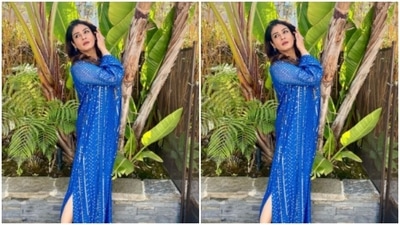 The kurta, with shimmery full sleeves and Mandarin collars, is intricately designed in gold print all over the body. “Getting Diwali ready,” she wrote. (Instagram/@officialraveenatandon) The kurta, with shimmery full sleeves and Mandarin collars, is intricately designed in gold print all over the body. “Getting Diwali ready,” she wrote. (Instagram/@officialraveenatandon)