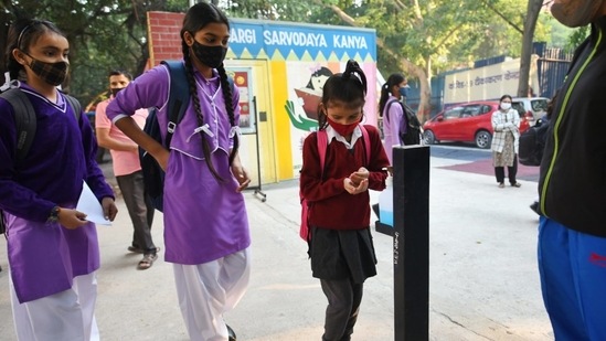 "I feel good coming here. Online education was also good. We are instructed to sanitize our hands regularly and maintain social distancing by the school authorities," a student was quoted as saying by news agency ANI.(HT Photo/Kamal KS)