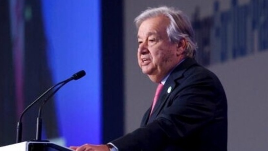 UN Secretary-General Antonio Guterres delivers a speech during the opening ceremony of the UN Climate Change Conference COP26 in Glasgow, Scotland, on Monday.(AP)