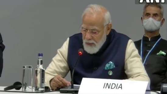 Prime Minister Narendra Modi address the COP26 summit in Glasgow on Monday. (ANI Twitter)