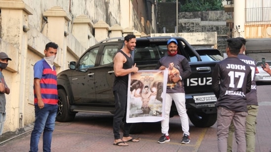 John Abraham was spotted with fans in Bandra. (Varinder Chawla)