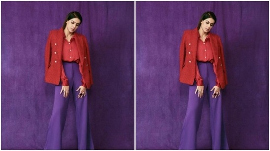 Genelia opted for a red satin shirt and a blue pair of satin trousers to set standards of formal fashion higher.(Instagram/@who_wore_what_when)