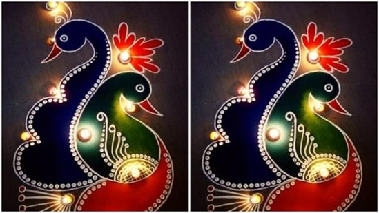 Rangolis look even better at night, with the diyas lined up around it. Here’s a beautiful rangoli idea with colours and in the shape of a peacock to deck up your home.(https://in.pinterest.com/)
